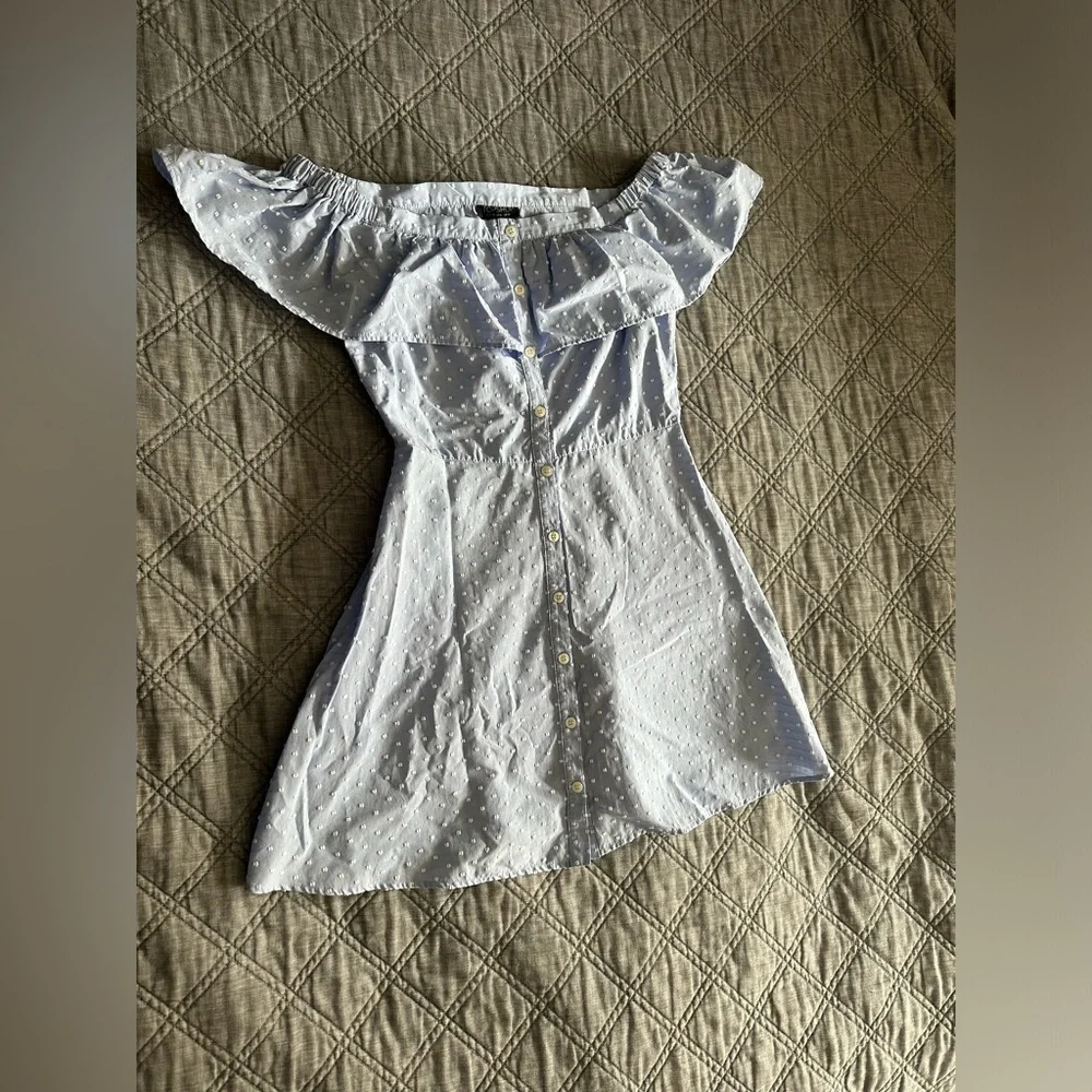 Blue Off the Shoulder Button Down Dress - Picture 9 of 11